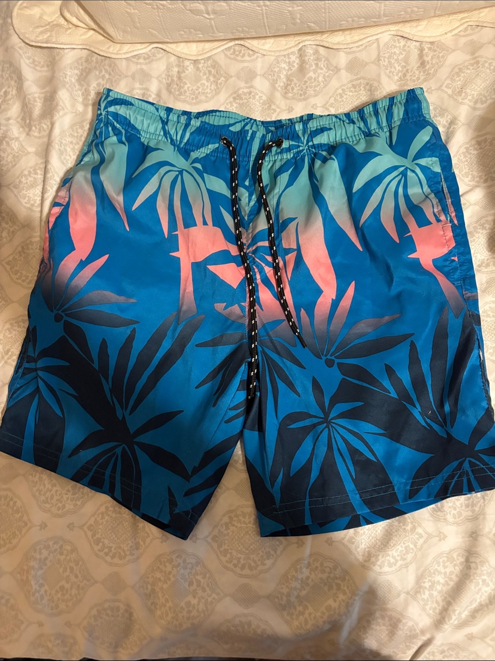 Men's Blue Palm-Print Swim Trunks